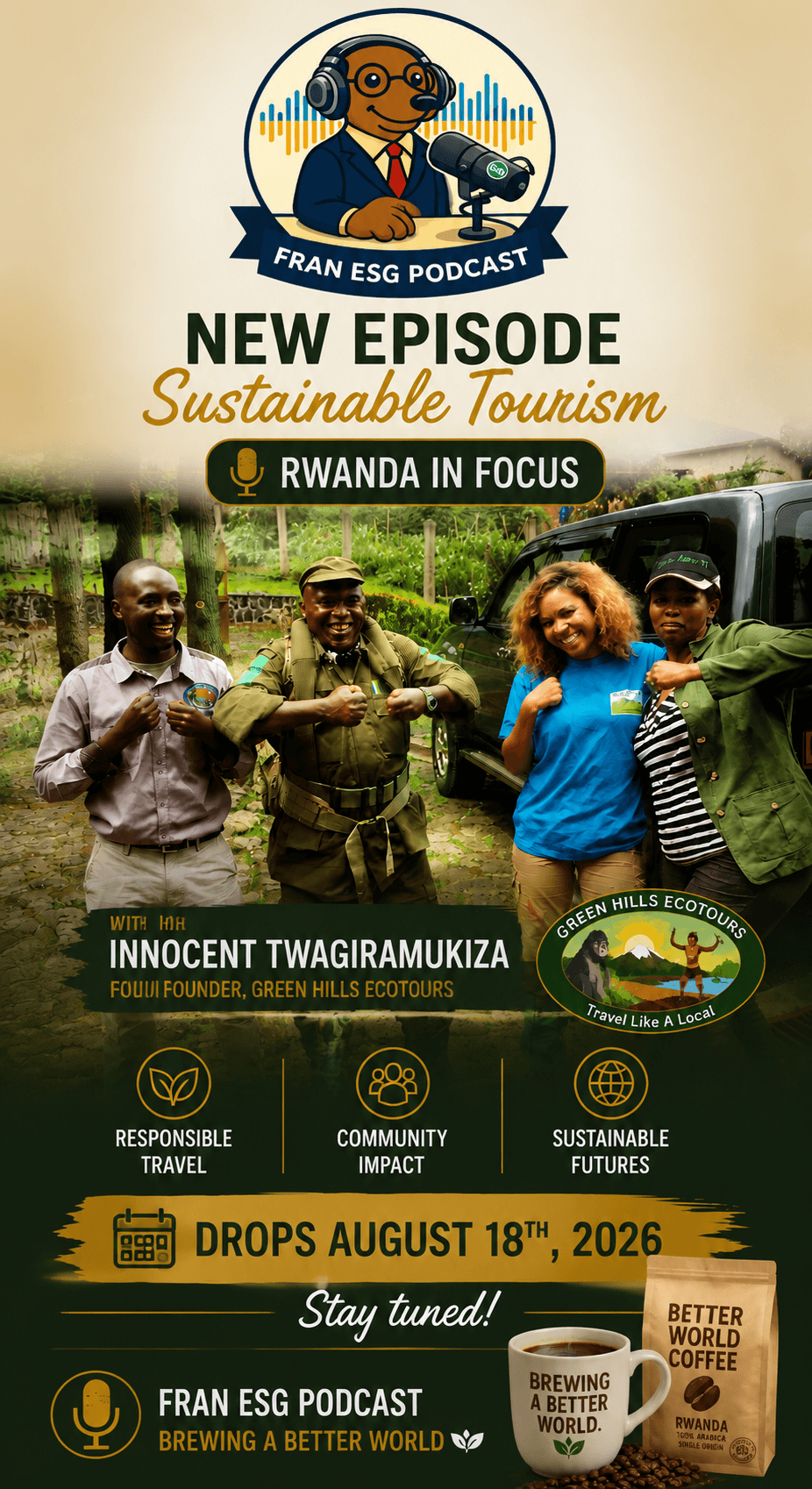 Fran ESG Podcast poster for a sustainable tourism episode in Rwanda featuring local guides.