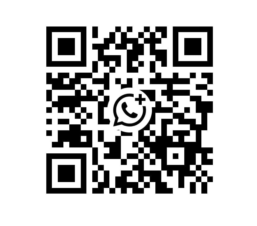 Black and white QR code with a central WhatsApp logo and a plus sign.