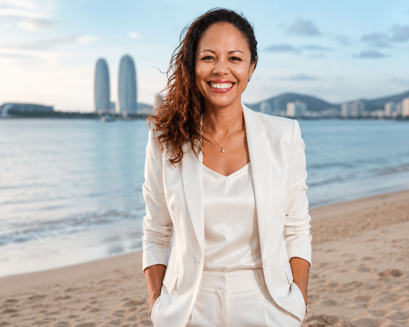 Smiling woman with curly hair in a white suit on a beach with city skyline.