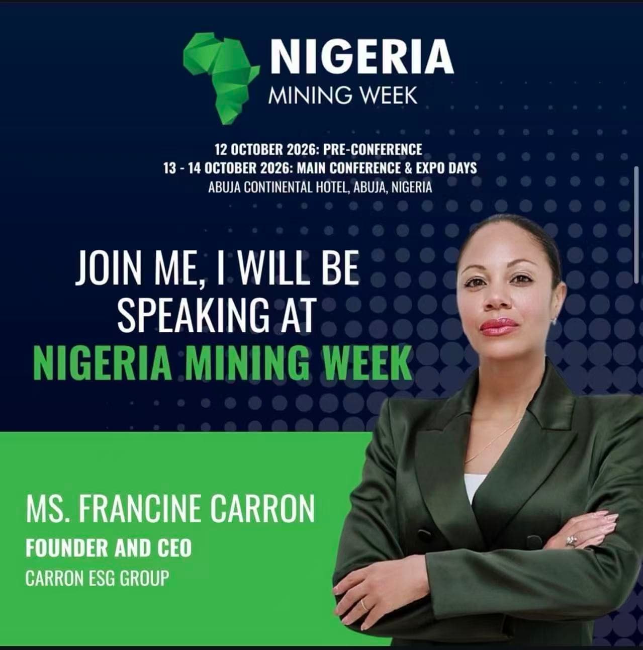 Francine Carron, CEO of Carron ESG Group, speaking at Nigeria Mining Week in Abuja, 2026.