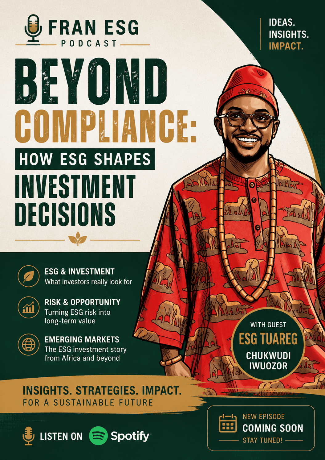 Podcast poster for Beyond Compliance featuring guest Chukwudi Iwuozor in red traditional African attire.