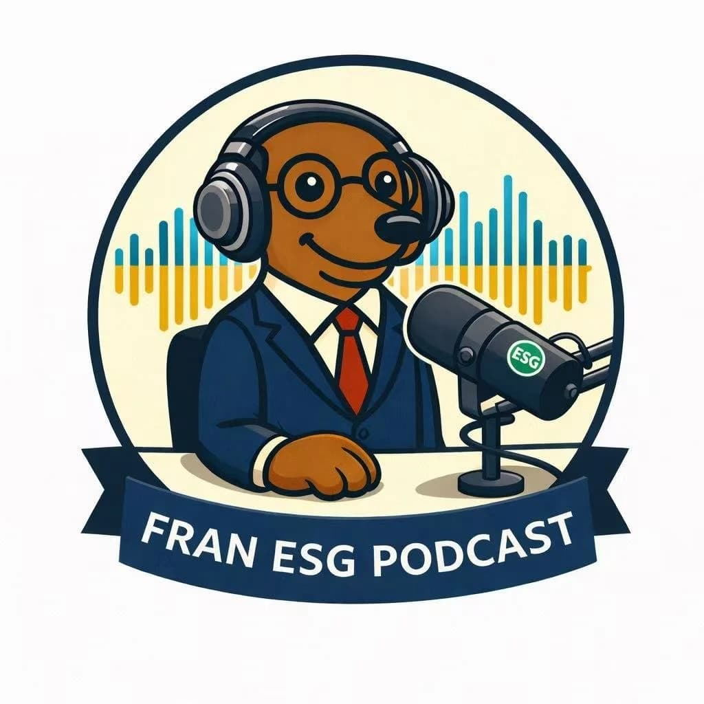 Cartoon dog in a suit and headphones hosting the Fran ESG Podcast at a microphone.