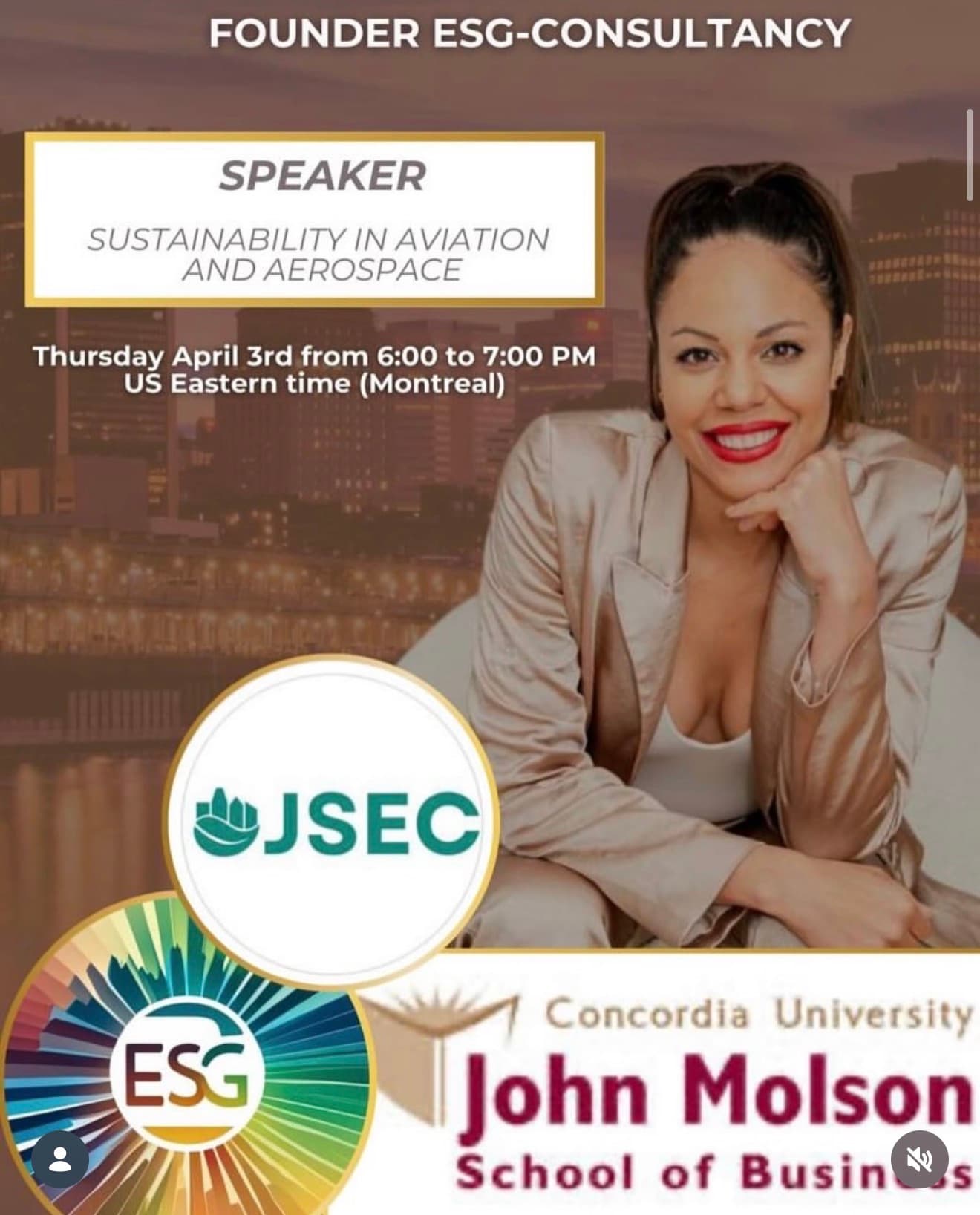 Event flyer for a sustainability in aviation talk featuring a female speaker and university logos.