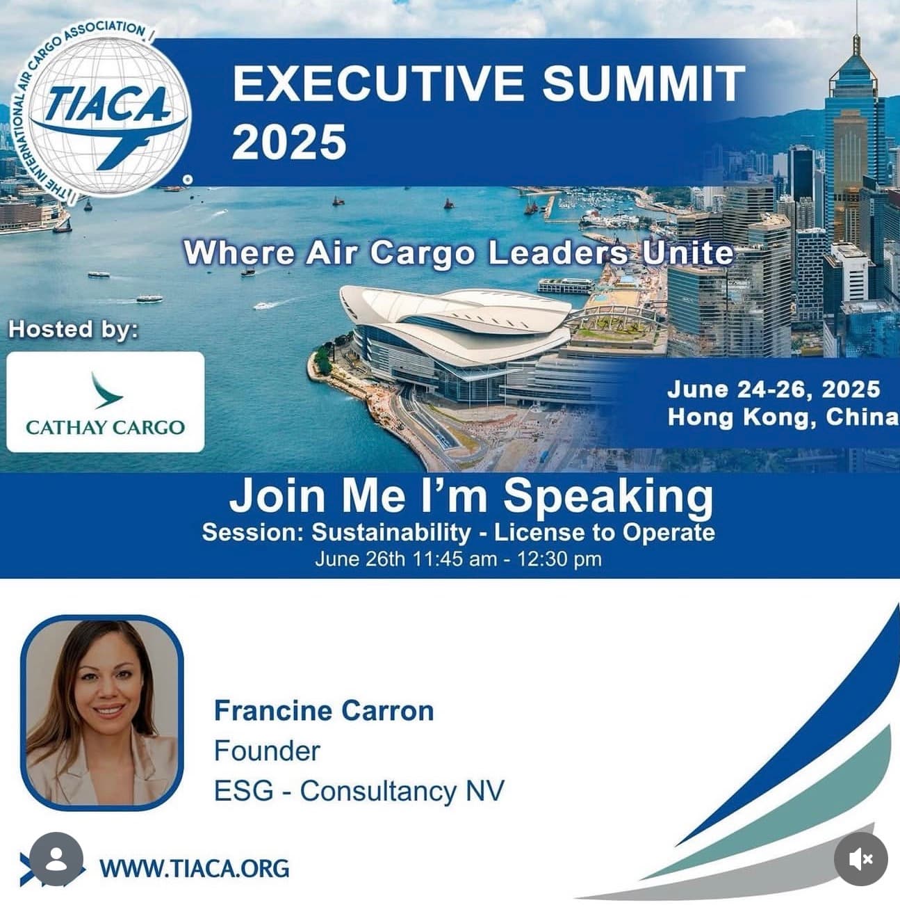 TIACA Executive Summit 2025 flyer featuring speaker Francine Carron on sustainability in Hong Kong.