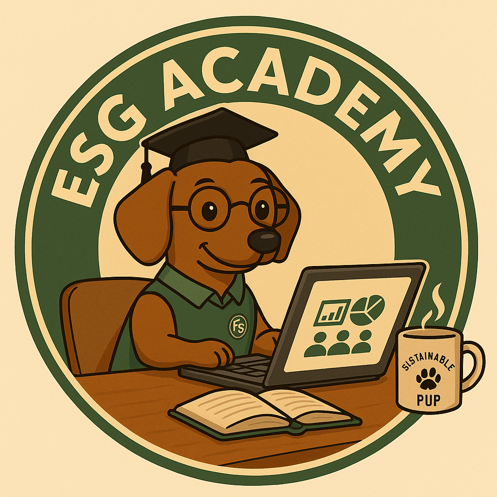 Studious cartoon dog wearing a graduation cap and glasses using a laptop for ESG Academy.