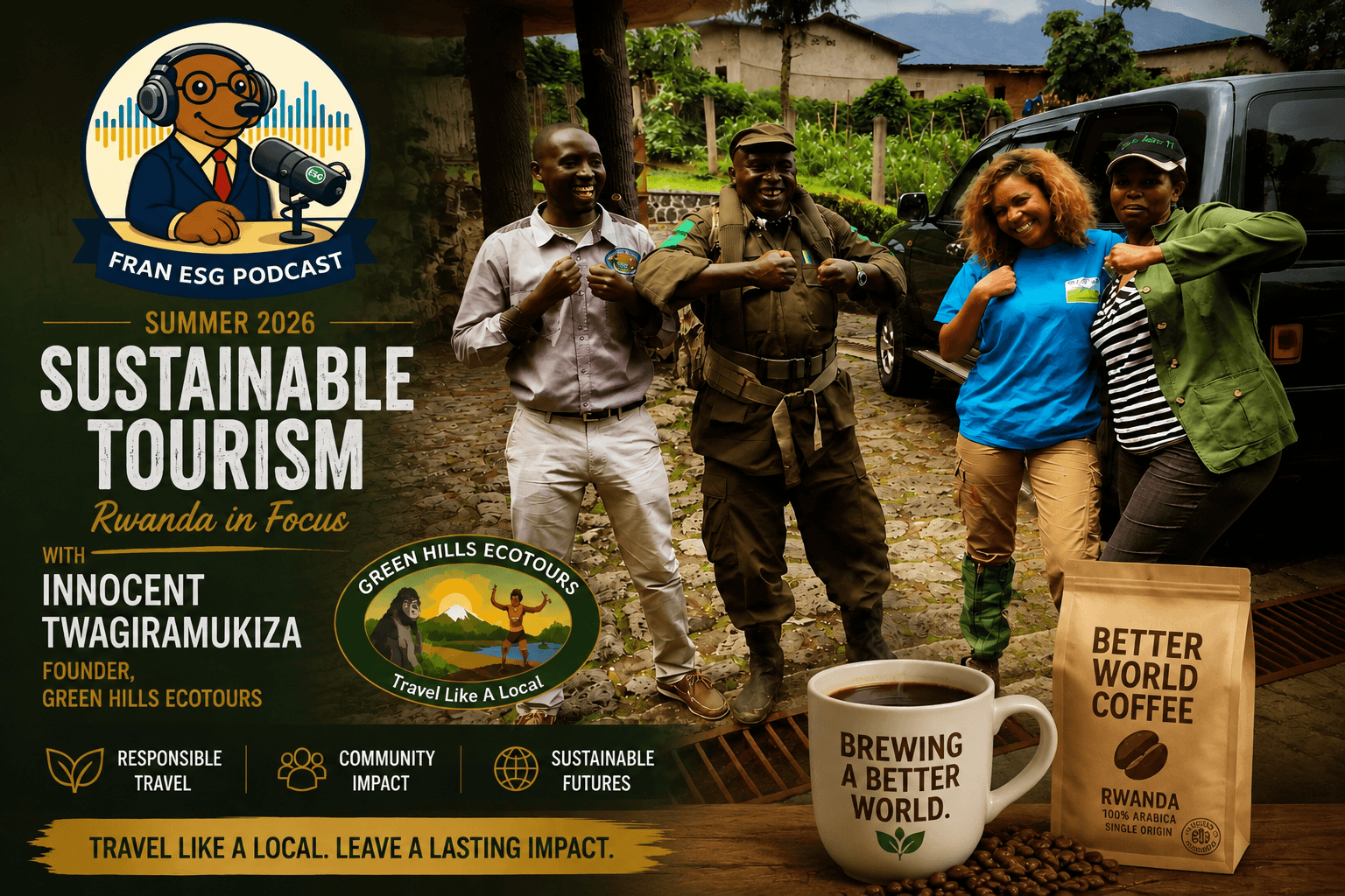 Fran ESG Podcast poster for sustainable tourism in Rwanda featuring smiling local guides and coffee.